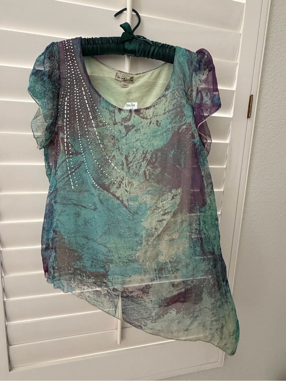 Live and Let Live Teal Purple Asymmetrical Layered Blouse Top Petite XL